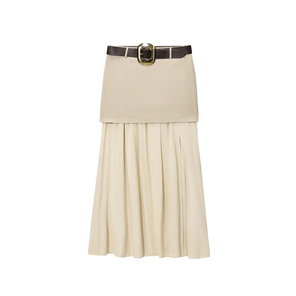 Summer New Women's Fashion Casual European and American Style with Belt Splicing Midi Skirt
