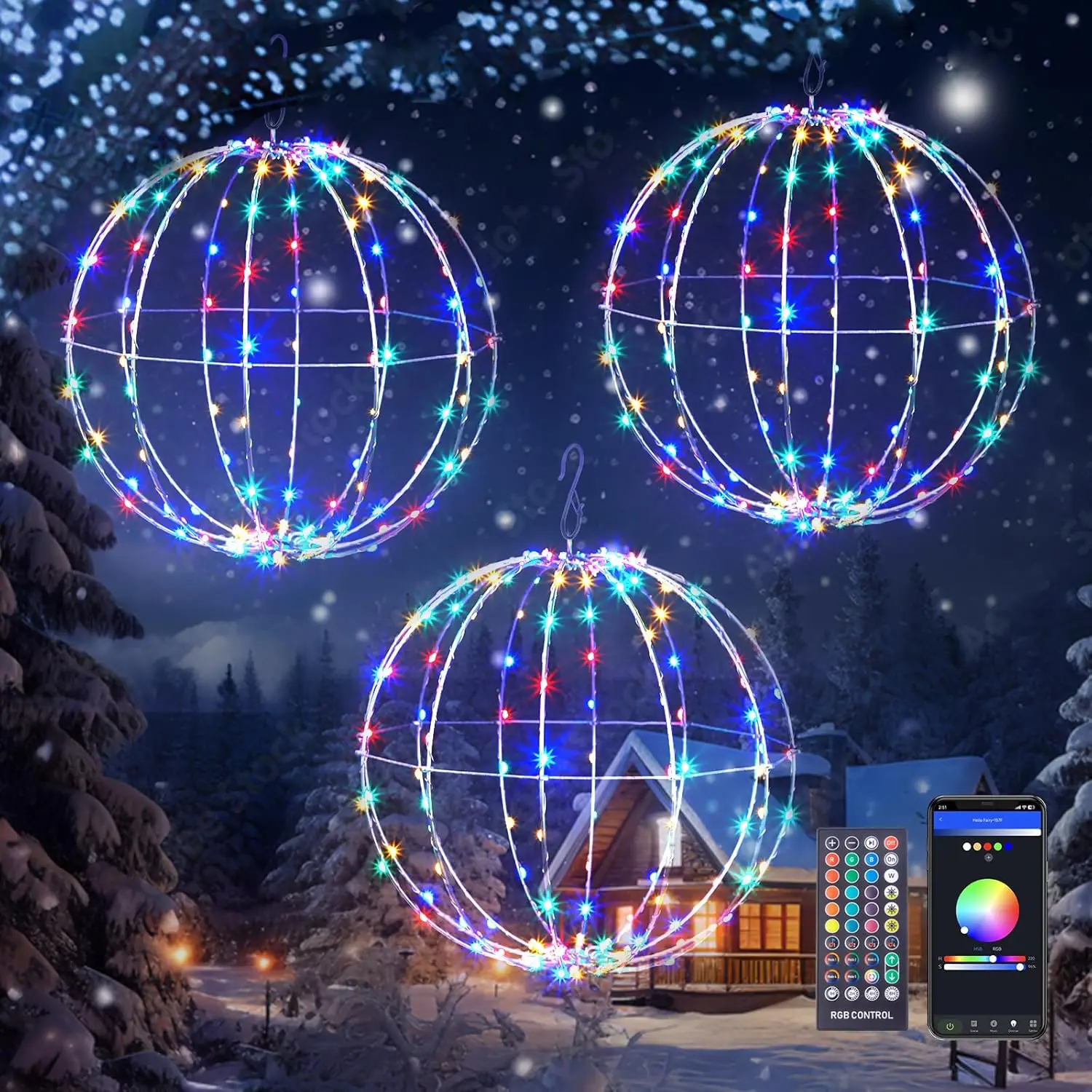 Brightown Outdoor Smart Christmas Ball Lights, 3 Pack 12 Inch 324 Led Plug-In Hanging Sphere Lights With App Control, 31 Modes,