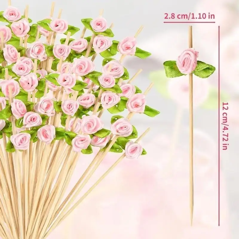 100 Stück Rosen-Bambusstäbchen mit Blättern, rot, blau, weiß, Obstgabeln, Cocktail-Rührstäbchen, Geburtstags-, Hochzeits- und Partydekoration – Detail 16