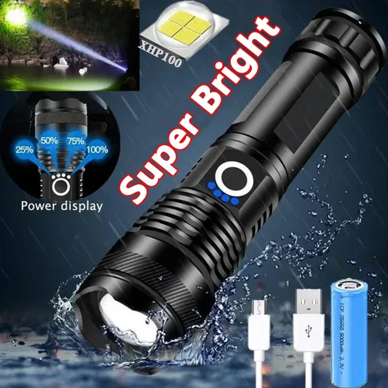 High Power XHP100 Led Flashlight Rechargeable 4 Core Torch Zoom Usb Hand Lantern For Camping, Outdoor & Emergency Use