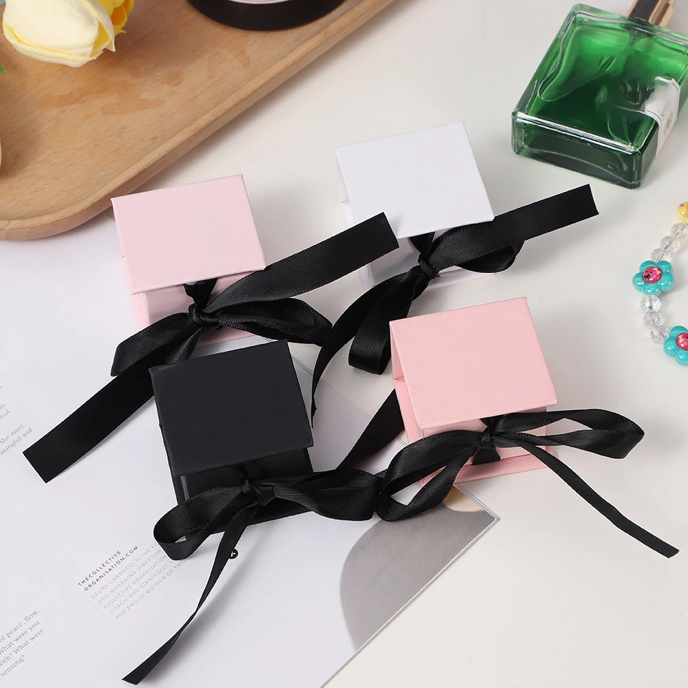 5pc 9x9x3cm Paper  Wedding Gift Packing Organizer Box White Black Jewelry Earrings Rings Necklace Flip Boxes with Silk Wholesale