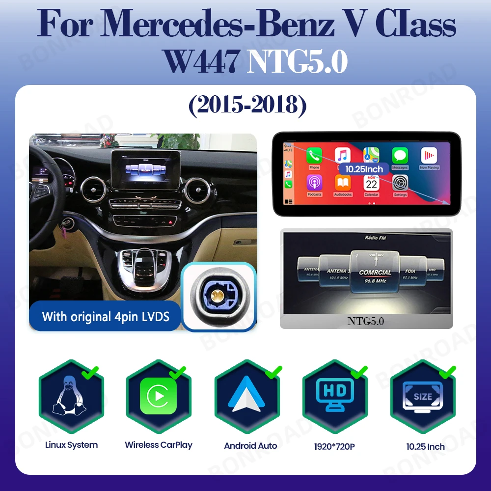 BONROAD Linux Draadloze CarPlay Autoradio Multimedia Touchscreen Android Auto voor Mercedes Benz V-Klasse W447 NTG5.0 GPS Navigatie