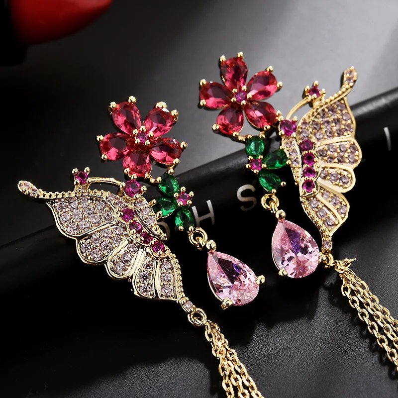 Boucles d'oreilles papillon en zircone cubique pour femmes, longues, pendantes, élégantes, mode coréenne, bijoux de fête de mariage, Banquet