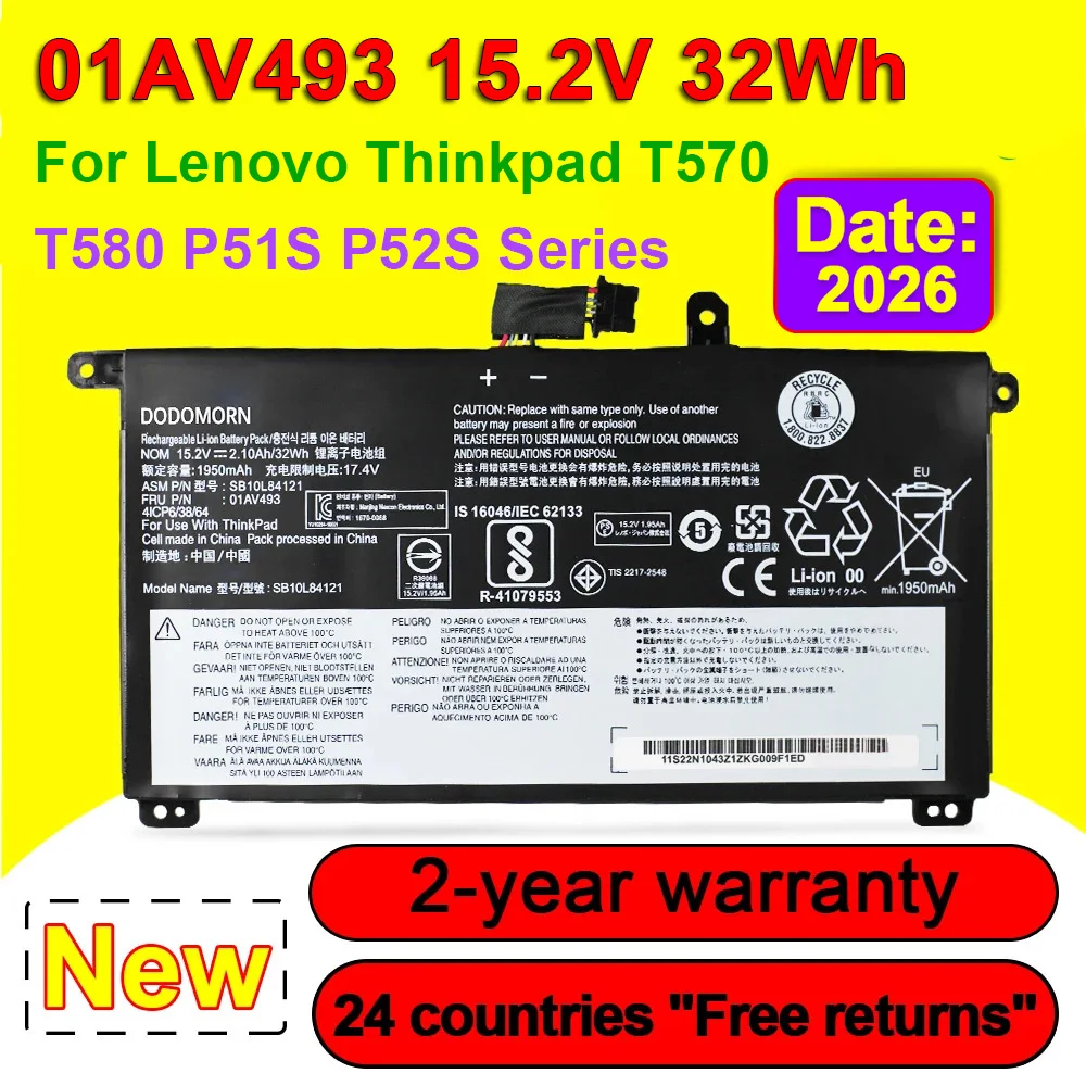 DODOMORN 01AV493 SB10L84121 For Lenovo ThinkPad T570 T580 P51S P52S Laptop Battery SB10L84122 SB10L84123 00UR890 15.2V 32Wh OEM