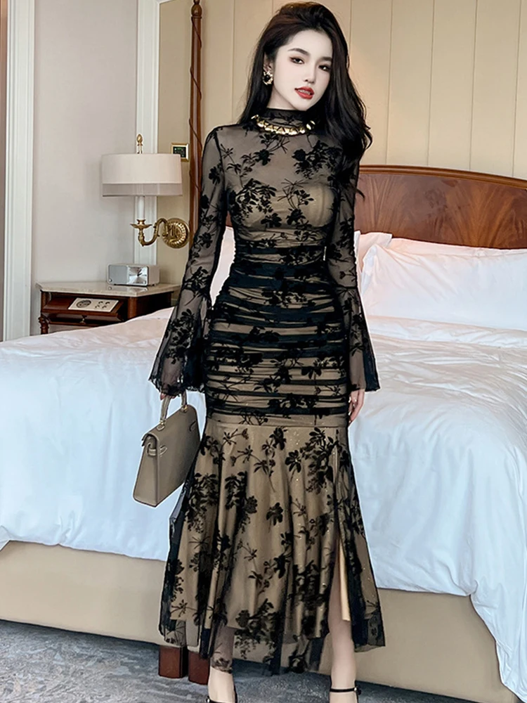 Fashion Mesh Sexy Long Evening Dress Women Ladies Chic Flare Sleeve Skinny Maxi Party Prom Robe Mujer Vestidos Elastic Clothing