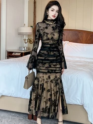 Women's Maxi Dress Black Floral Lace Fashion Sexy Sheer Mesh Long Sleeve Bodycon Dresses Elegant Formal Party Evening Gown Robe