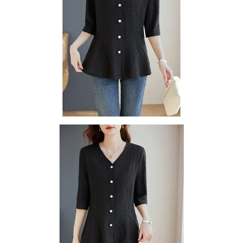 Nuevo Top de encaje de manga tres cuartos, Top adelgazante holgado y elegante a la moda de talla grande para mujer