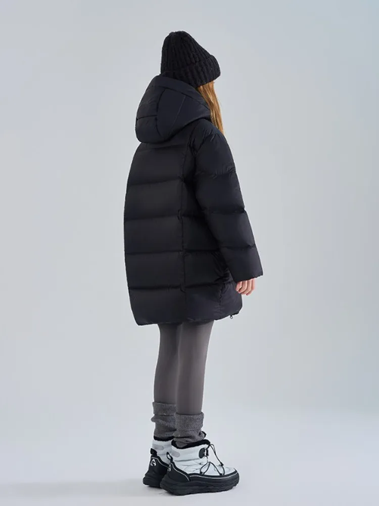 Mädchen Winter Kapuzen-Pufferjacke, mittellange, dicke, warme Daunenjacke für Kinder, einfarbig, winddichte Oberbekleidung für ältere Mädchen, Schneemantel. – Detail 10