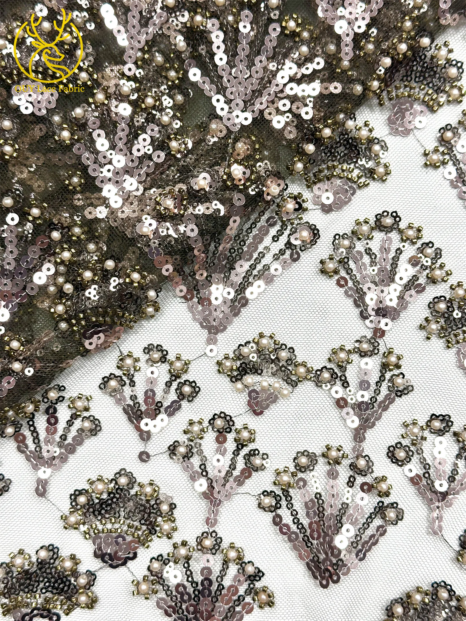 Luxuriöser französischer Perlen-Pailletten-Spitzenstoff 5 Yards Premium Hochzeitsstoff Nigerianischer Bräutigam Bestickter Tüll-Spitzenstoff für Brautkleider – Detail 27