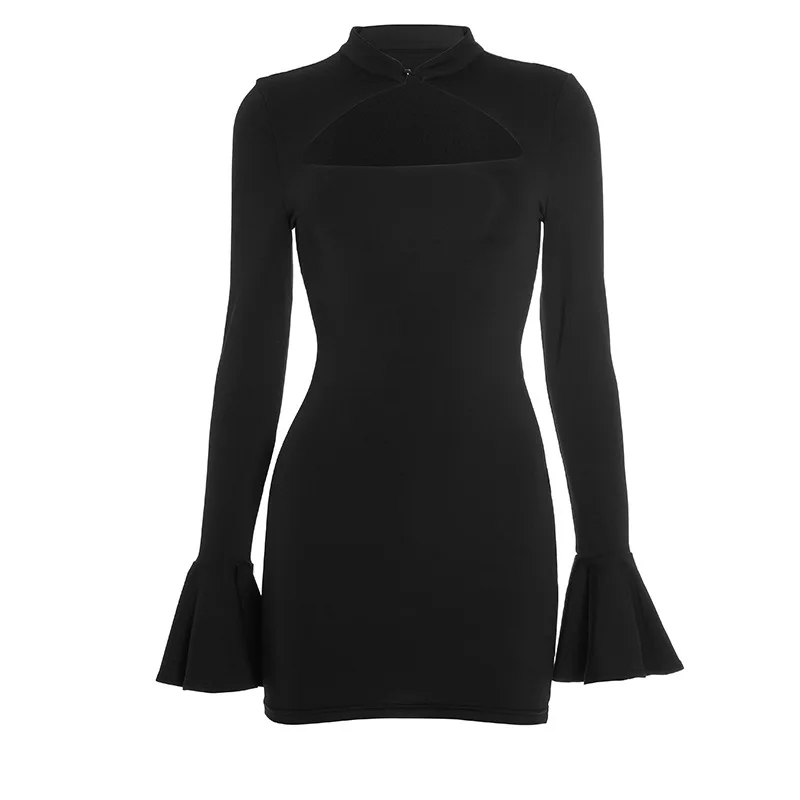 2026 Neu eingetroffen: Sexy figurbetontes Kleid mit Ausschnitt am Kragen, langen ausgestellten Ärmeln und schmaler Bleistift-Mini-Silhouette – perfekt für Club, Party und besondere Anlässe – Detail 10