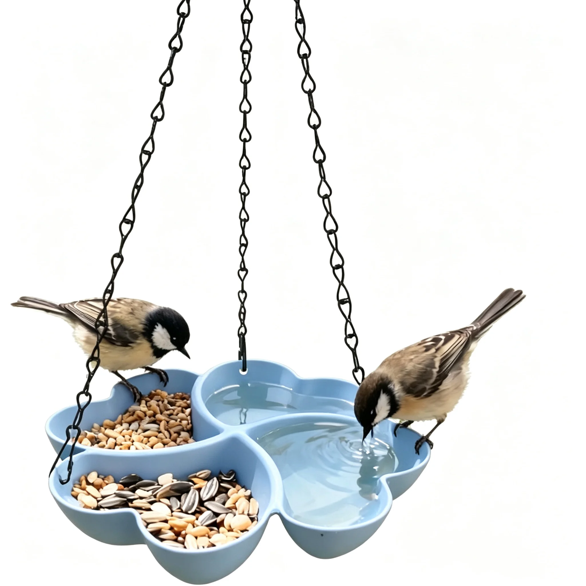 Hanging Bird Feeder Outdoor 2 in 1 Bird Food & Water Tray Flower Multi-Compartment Bird Feeding Bowl with Anti-Rust Chain Garden
