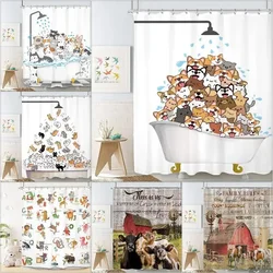 Funny Animal Shower Curtain, Farm Cartoon Cat Dog Crane Cute Shower Gray Dinosaur Silhouette Bathtub Play Water, Bathroom Decor