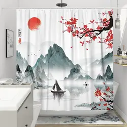 Watercolor Landscape Plum Blossom Shower Curtains Waterproof Thick Solid Bath Curtains For Bathroom Large Wide Bathing Cover