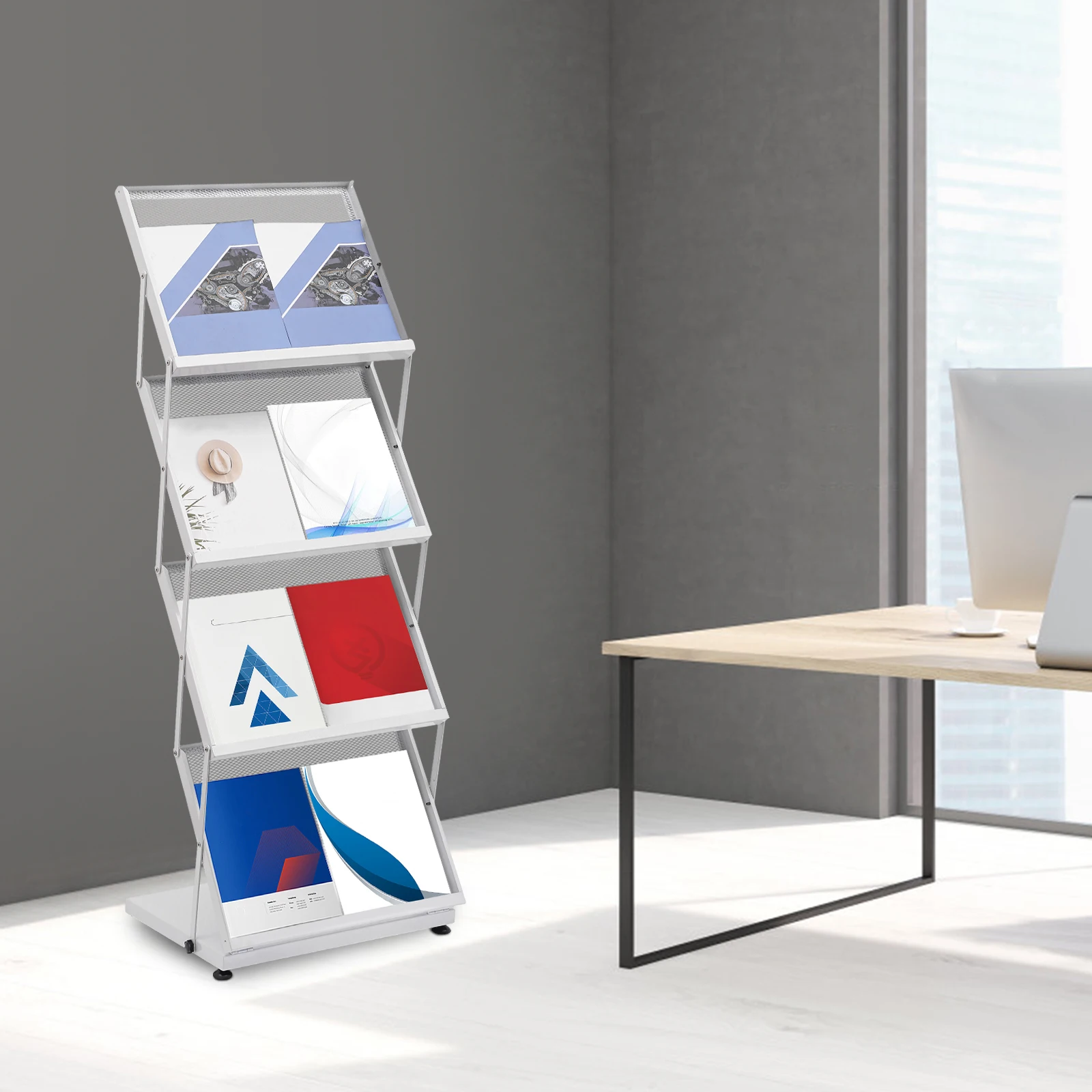 Brochure Display Rack 4-tier Foldable Brochure Rack with Non-slip Feet Floor Standing Magazine Rack Newspaper Holders