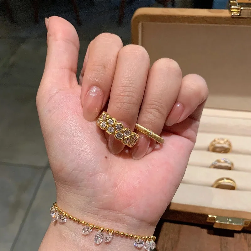 Vintage brushed inlay diamond rings for women classic fashion double row round wide ring Couple style wedding banquet jewelry