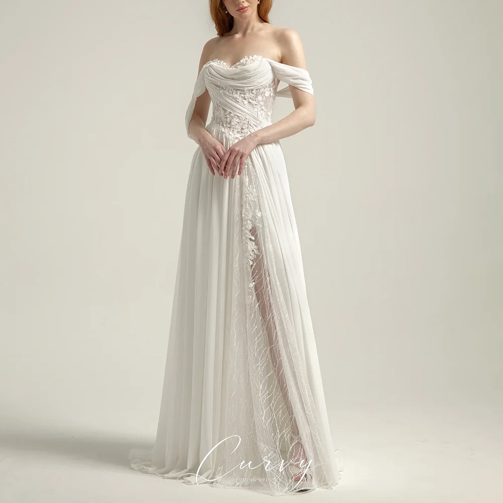 Curvy Gentle Elegant Customized Off-Shoulder Lace Bodice Chiffon Bridal Dress with Floor Train for Women Beach Wedding 2026