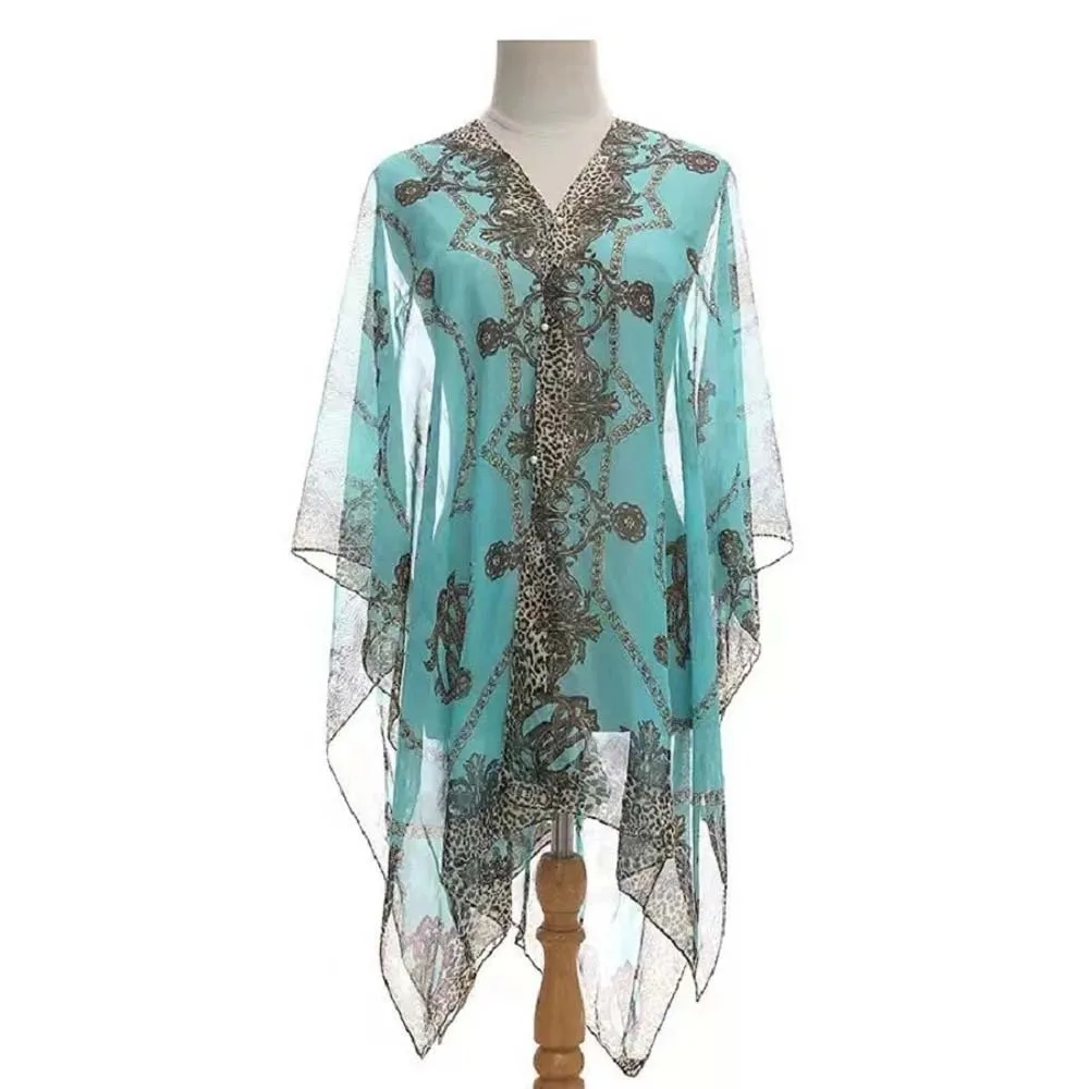 

Breathable Big Chain Printed Shawl with Buckle Long Sunscreen Thin Large Scarf Polyester Lightweight Seaside Vacation Cloak Gift