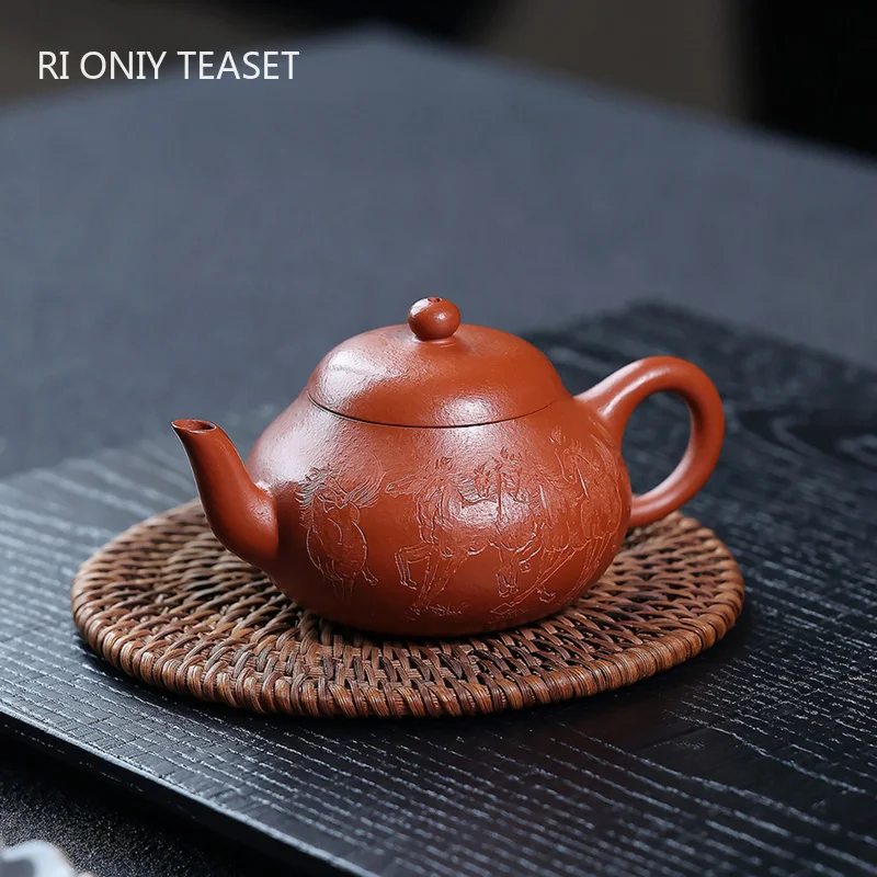 110ml Chinese Yixing Purple Clay Teapot Hand-carved Horse Pattern Tea Pot Small Capacity Famous Handmade Zisha Kettle Tea Set