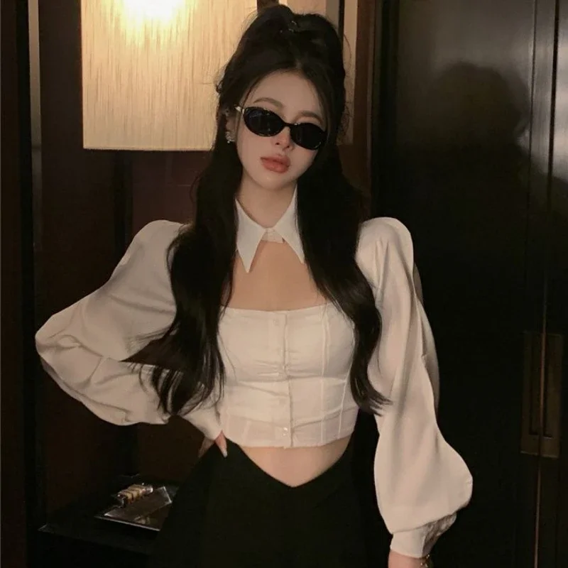 Shirts Women Hollow Out Spring White Long Sleeve Korean Style Slim Tender Fashion Casual All-match Sexy Cute Ladies Clothes Fit