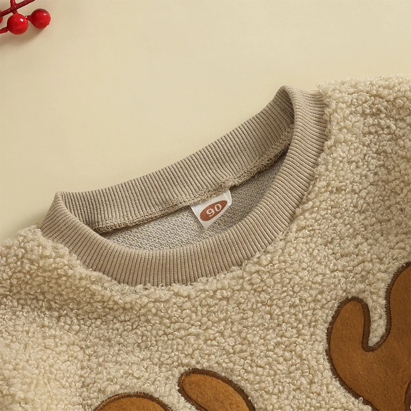 Baby Fleece Romper Long Sleeve Round Neck Warm Fluffy  Reindeer Embroidery Jumpsuit Infant Winter Outfit