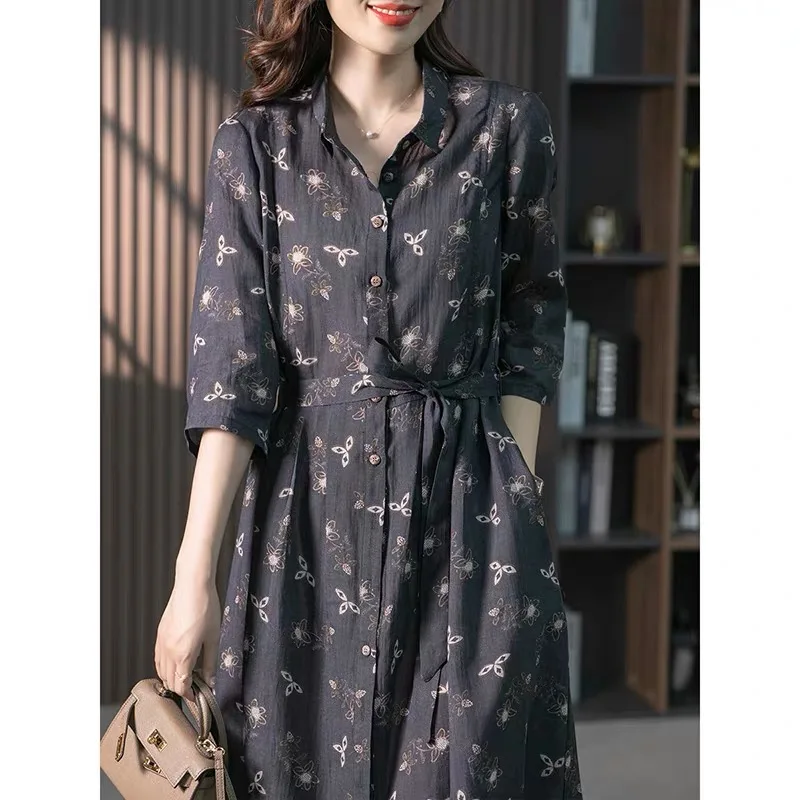 

Plus Size Floral irt Dr Linen Mid-Length Casual Commute Sle Body pe Fit A-Line Skirt ort Sve Collar Dr