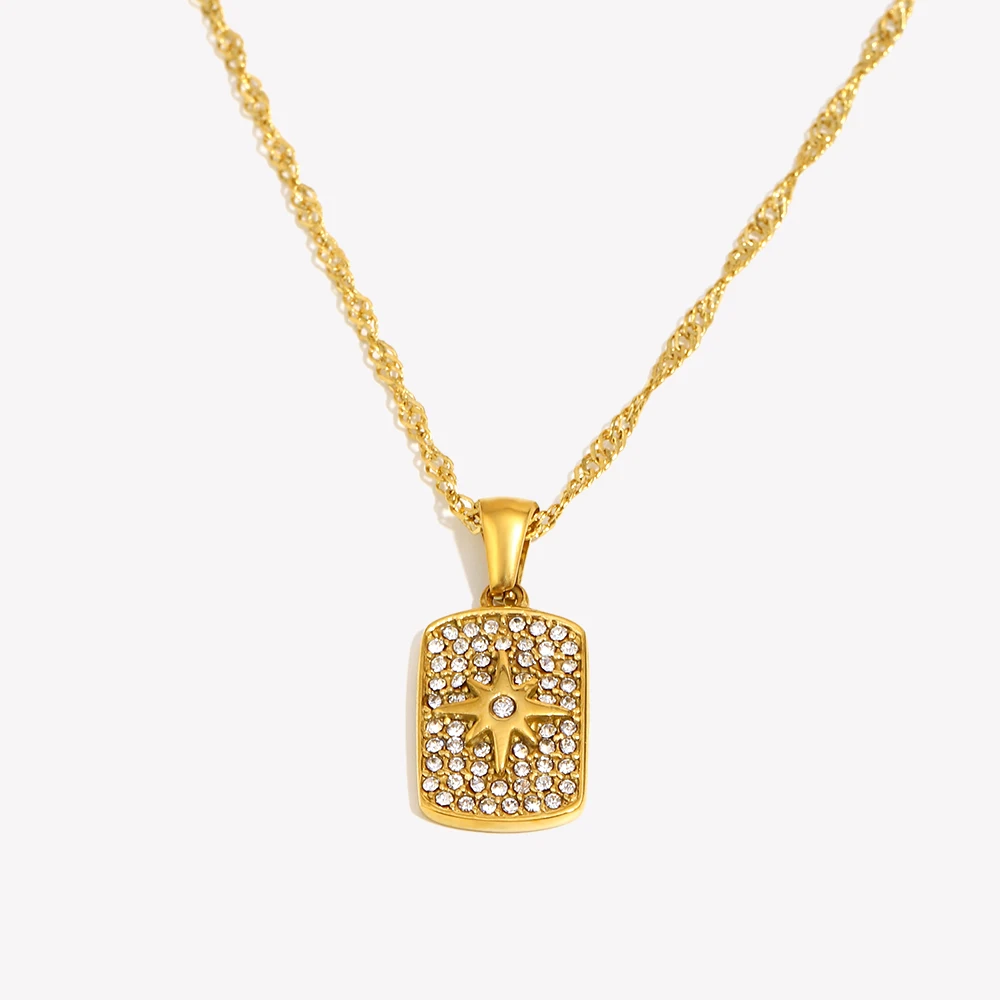 Bling Luxury 2024 New Full Crystal Card Necklace Rectangle Star Tarot Pendant Necklace 18K Gold Plated Stainless Steel Jewely