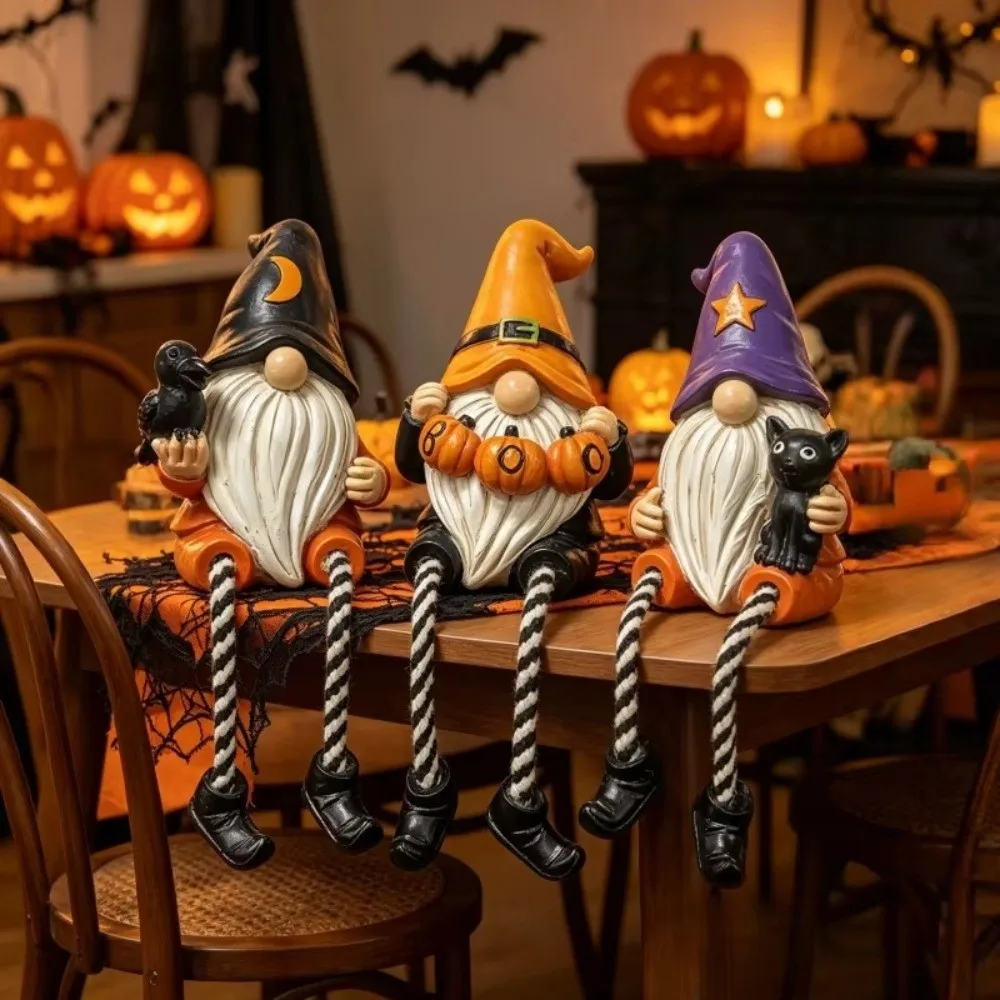 Hand-Painted Halloween Gnome Shelf Sitter Spooky Pumpkin Dangling Leg Gnome Statue Striped Legs Resin