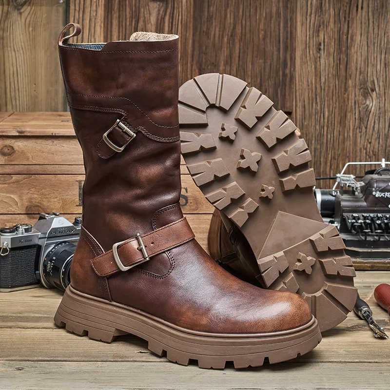 Euro Size 38-44 New Men\'s Winter Mid-calf Buckle Belt Leather Knight Boots Cool Shoes Young Man