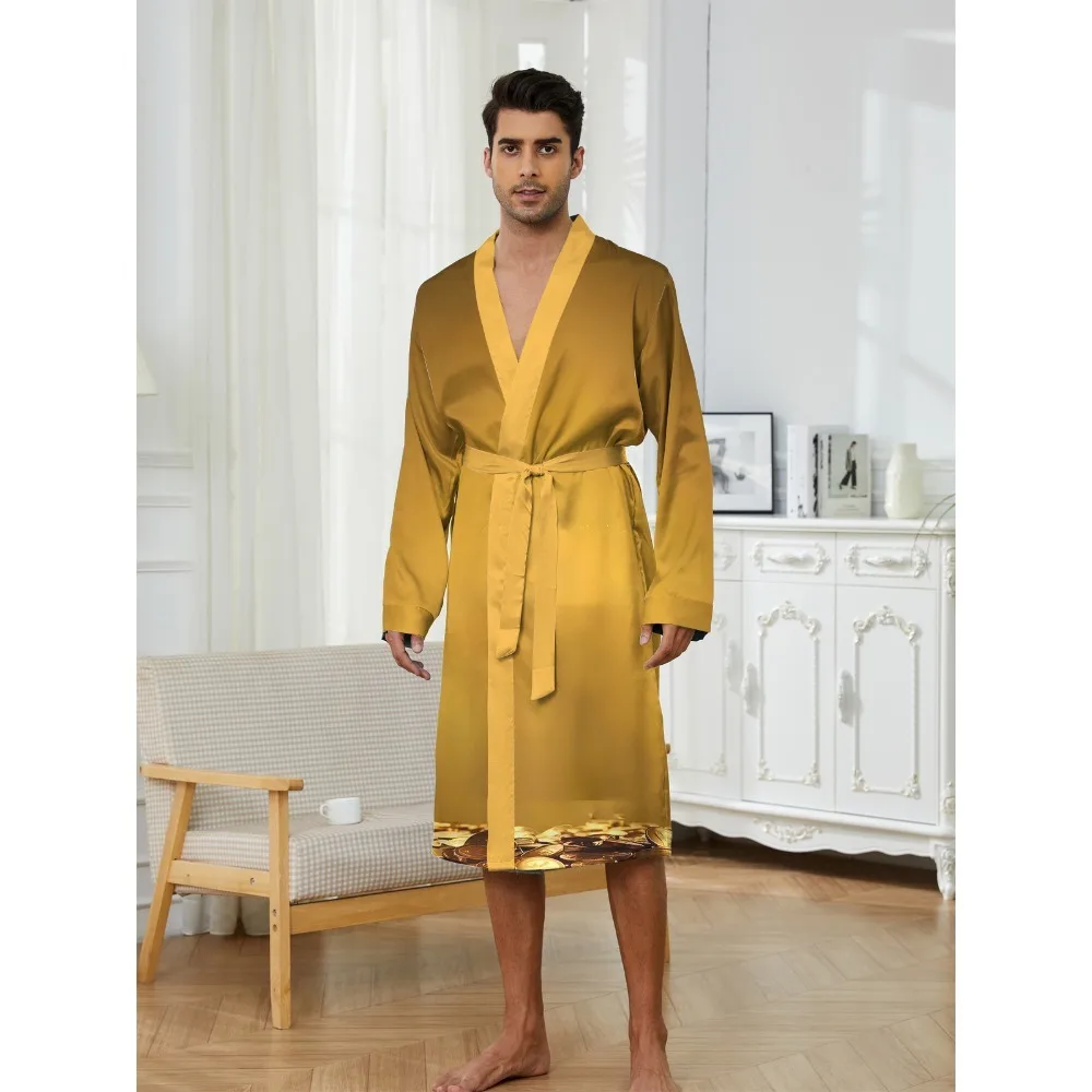 

Men's 3D gold coins and US dollars printed thin long-sleeved bathrobe adjustable belt loose four-season universal home clothing
