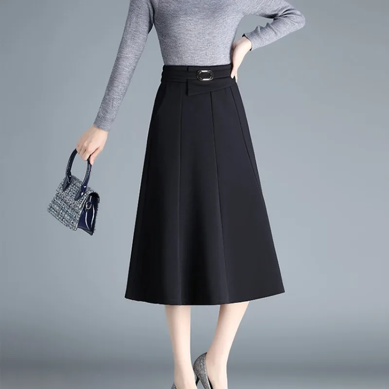 Women's Black High-Waisted A-Line Midi Skirt with Belt Solid Color Flared Office Casual Knee-Length Skirt