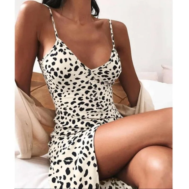 Vestido estampado com alça de espaguete feminino, saia floral, estampa de leopardo estilinguinho, vestido de verão tipo fino, moda sexy, novo, 2024