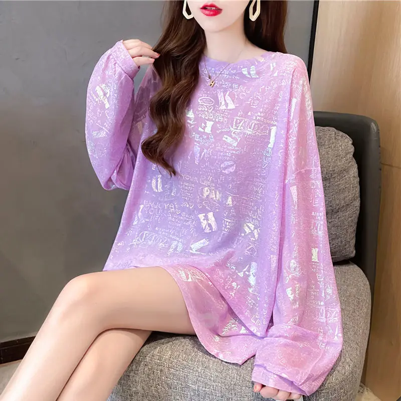 Korean Preppy Style Summer Women\'s O-Neck Printing Sequined Casual Loose Long Sleeve Mid-length Sunscreen Clothing T-Shirts Tops