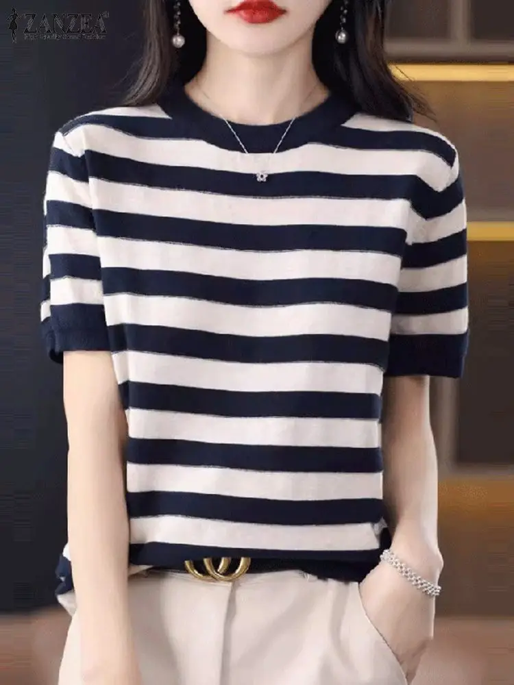 Elegant Office OL Shirt ZANZEA Summer Stylish Stripe Blouse Women O Neck Short Sleeve Blusas Fashion Holiday Tops Tunic Oversize