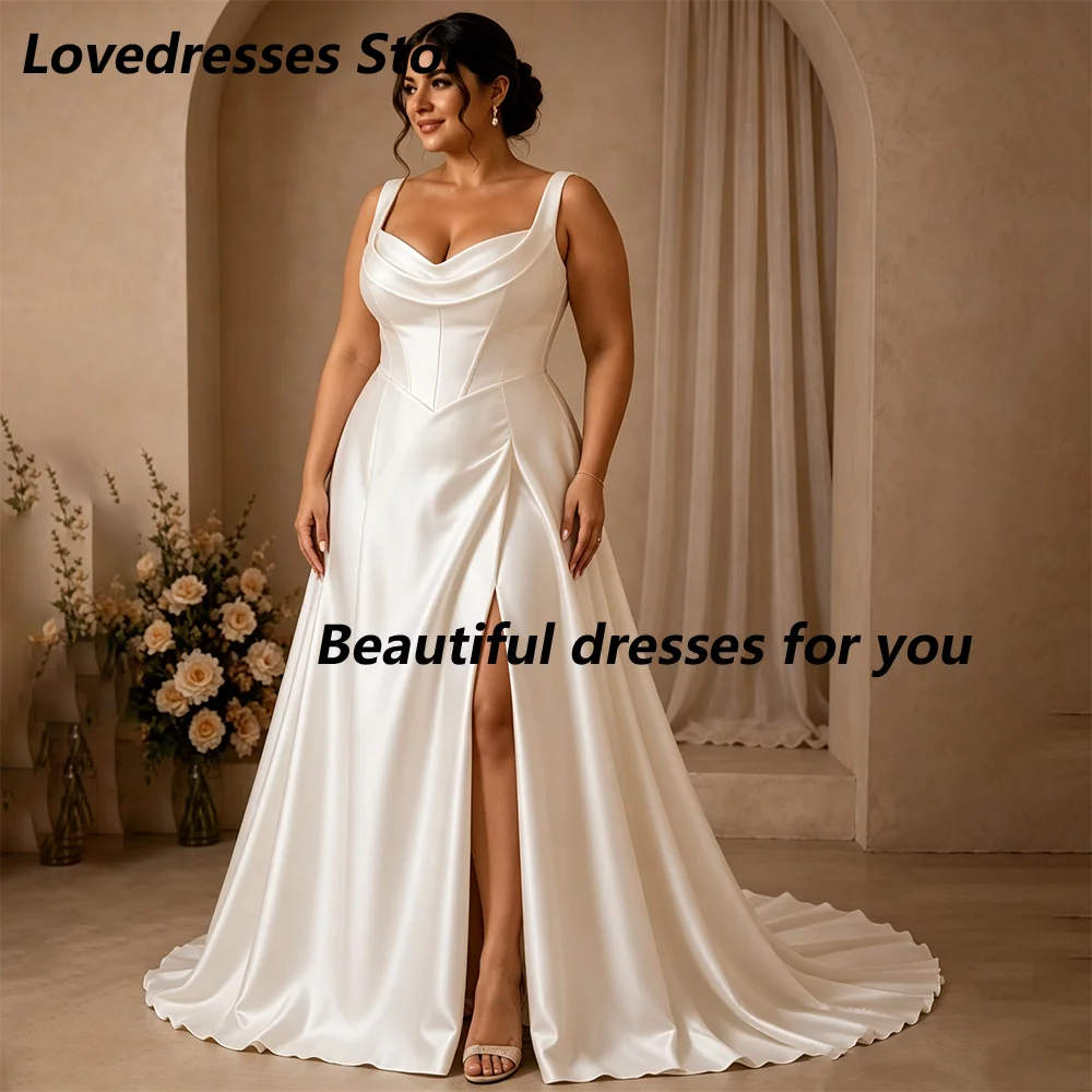 Customized Plus Size Wedding Dresses Satin Corset Bodice High Slit A Line Wedding Gown Off Shoulder Bride Dress
