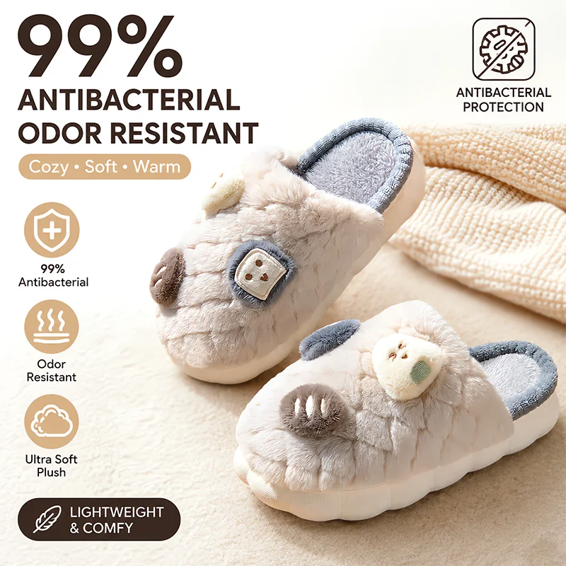 Cute Cartoon Plush Slippers Winter Antibacterial Odor‑Resistant House Slipper Women Men Thick Sole Warm Fluffy Indoor Home