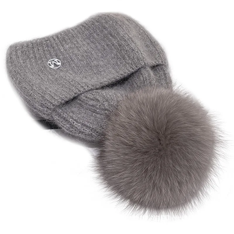 Bestseller M Logo Beanie Hat Women Winter Warm Faux Fox Fur Pom Knit Wooly Cap Slouchy Pull-on