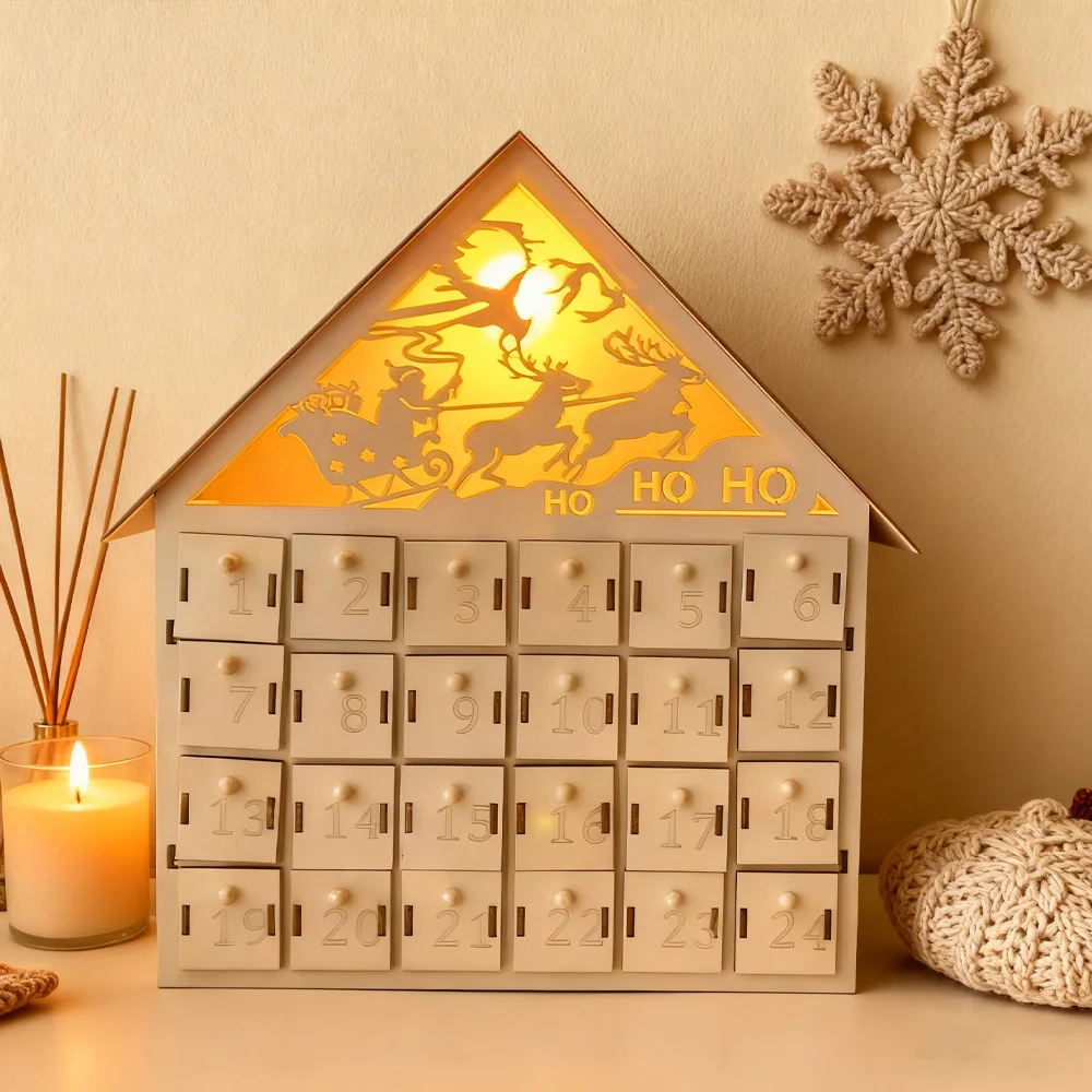 

Wooden Christmas Advent Calendar with LED 24 Empty Drawers House Shape Countdown Storage Box Home Decoration