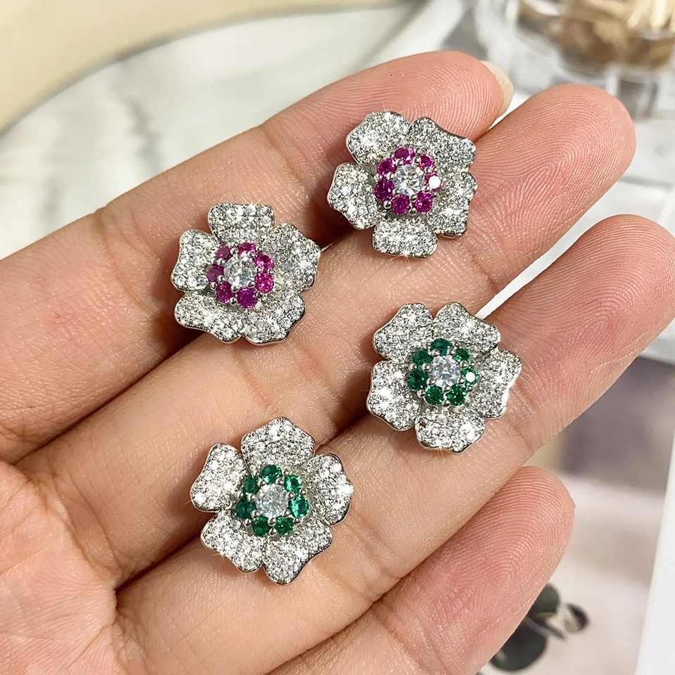 ZAKOL Bling CZ Flower Stud Earrings AAA Cubic Zirconia Aesthetic Women\'s Ear Accessories Bright Red Earrings Trendy Jewelry Gift