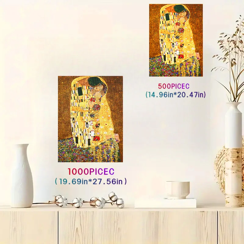 لغز فني للوحة 'القبلة' لغستاف كليمت، لعبة ذكاء للبالغين بتصميم فني تعبيري، ديكور منزلي، لعبة تركيب