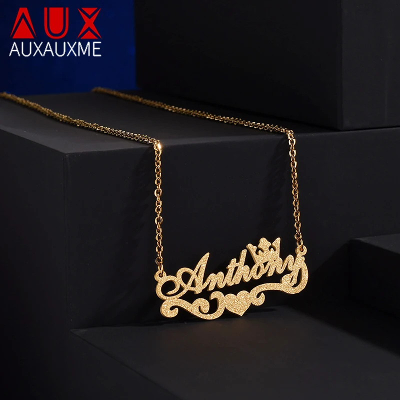 

Auxauxme Custom Frosted Name Necklace for Women Golden Bling Stainless Steel Personalized Crown Heart Nameplate Choker Jewelry