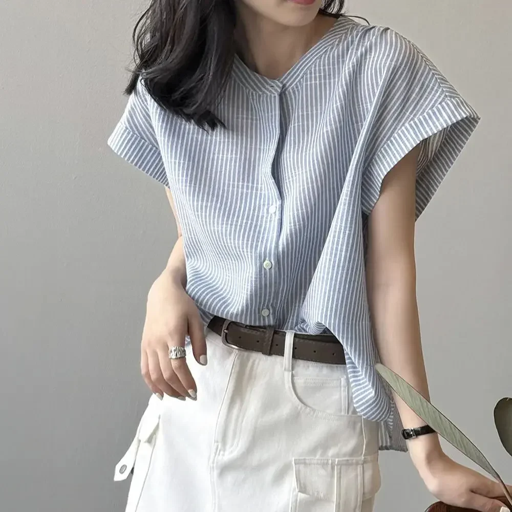 Vertical Stripe Short-sleeved Shirt Women Loose Slimming Featuring Outerwear Top Button Down Blouse Striped Oversized Shirt Casu