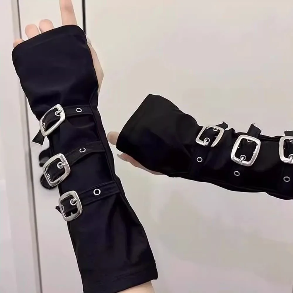 Black Fingerless Gloves Gothic Exaggerated Punk Style Elbow Gloves Hip Hop Party Buckle Design Metal Button Gloves