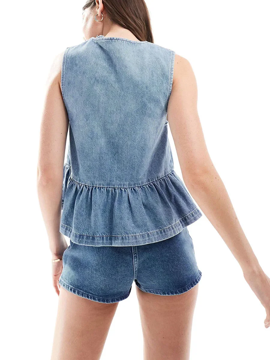 Women Tie Front Denim Vest Top Y2k Sleeveless Ruffle Hem Jean Tank Tops Casual Going Out Summer Streetwear