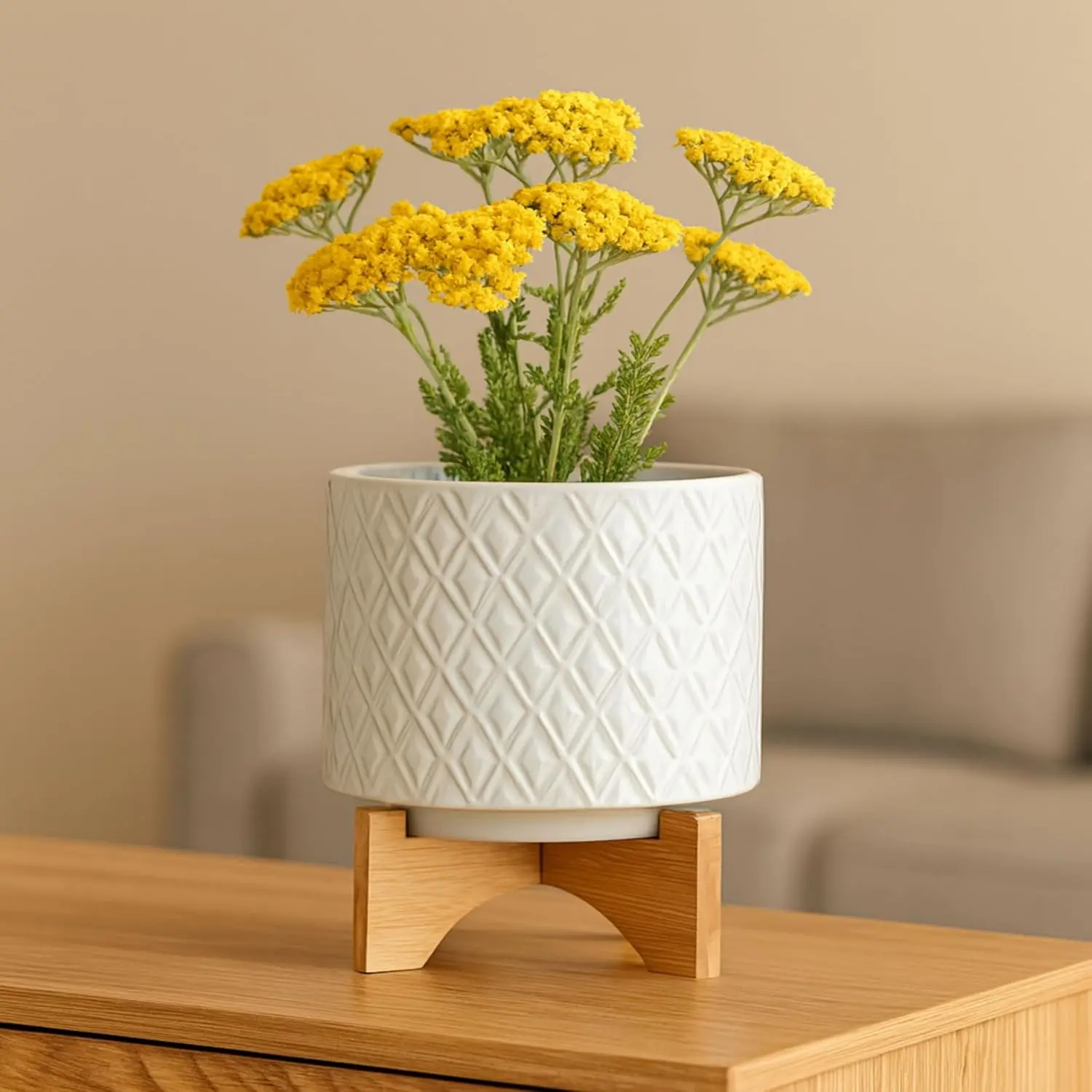 

Ceramic Decorative Planter Pot with Wooden Base – White Diamond Textured Finish – Indoor & Outdoor Plant Pot – Modern
