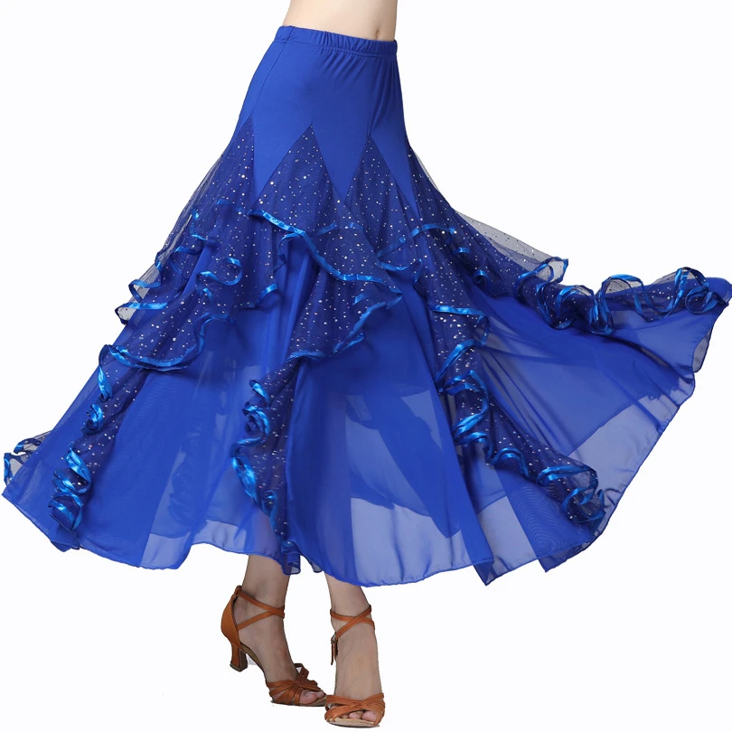 Womens New National Standard Dance Skirt Sequined Long Skirt Modern Dance Skirt Square Dance Large Swing Skirt