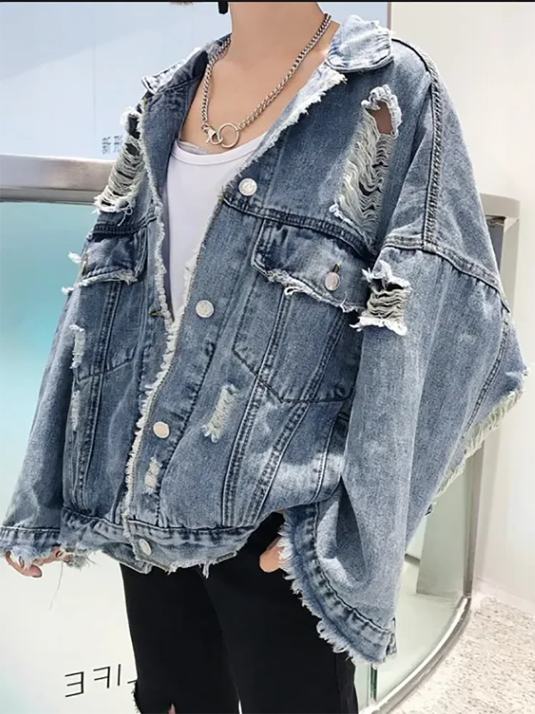 Fried Street Hole Denim Jacket Women's New Spring  Autumn Cowboy Jackets Female Outerwear Fashion Loose Casual Jacket Streetwear