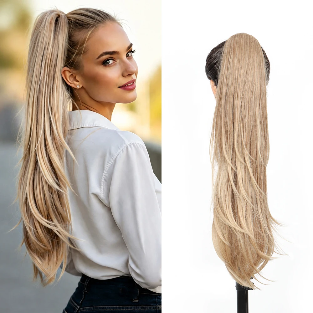 26Inch Fluffy Layered Synthetic Drawstring Long Straight Ponytail Extension Wrap Around Hairpiece for Women Party Daily Use