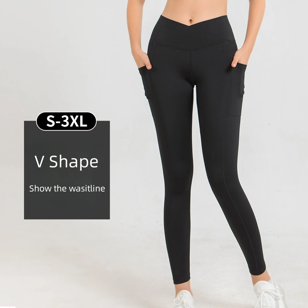 3XL Women Yoga Leggings Black V Waist Fitness Hip Lift Sports Tights Side Pocket Buttock Lifting Long Workout Gym Pants Hot Sale