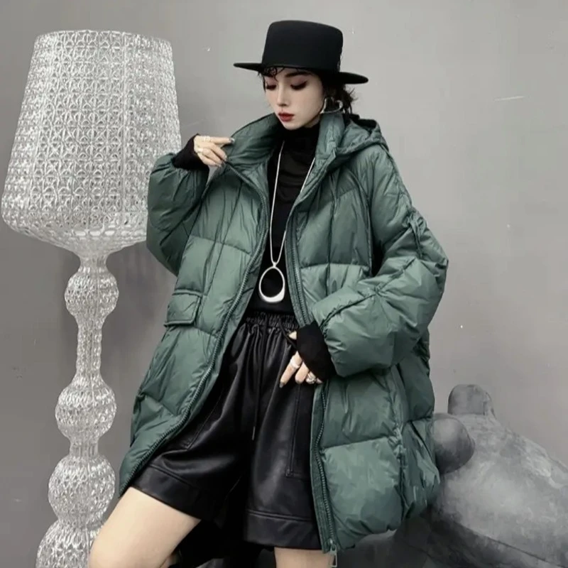 High Fashion Jas Losse Grote Koreaanse Donsjack Dames Dezelfde Stijl Trendy Middellange Witte Eendendons Capuchon Winter
