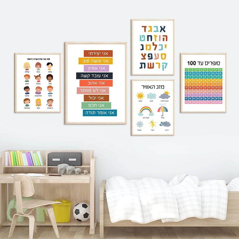 Hebrew Letters Alphabet Jewish Number Day Time Wall Art Canvas Painting Nordic Posters And Prints Wall Pictures Kids Room Decor